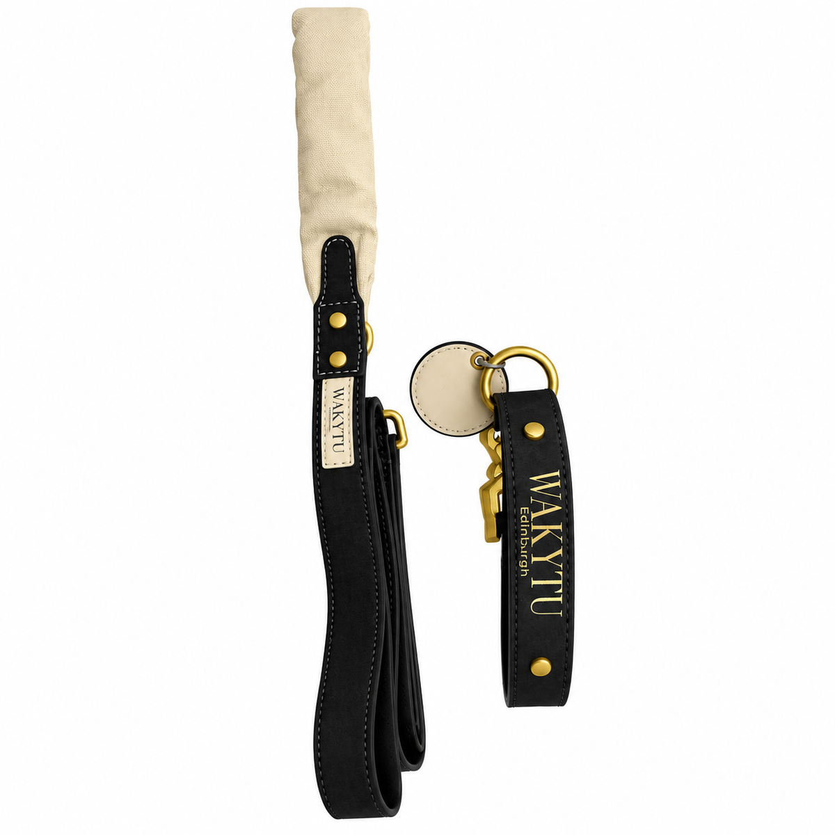 WAKYTU Edinburgh hondenhalsband en riemset – Zwart met goudkleurige details