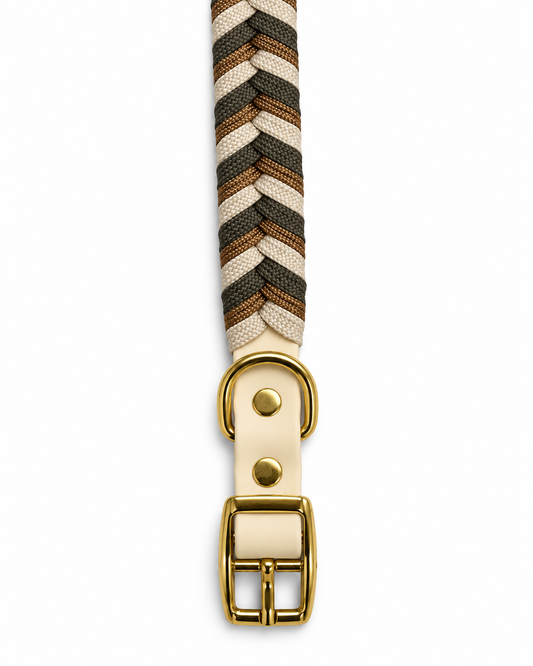 Luxe gevlochten hondenhalsband – beige, bruin en groen