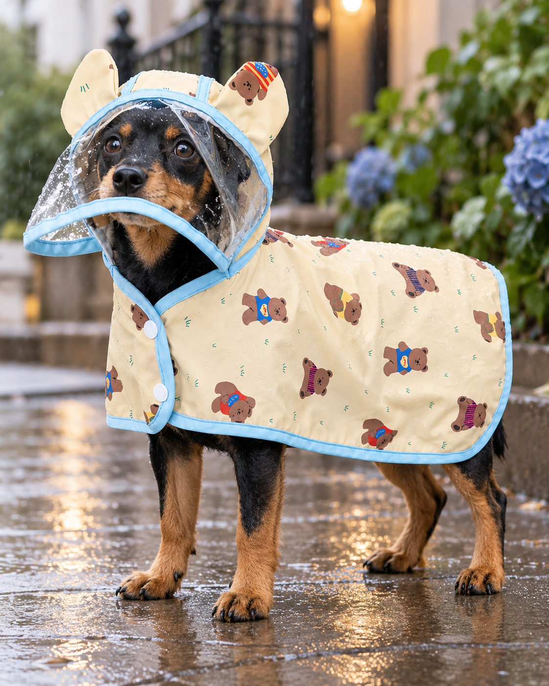 Hondenregenjas met berenprint – crème en blauw