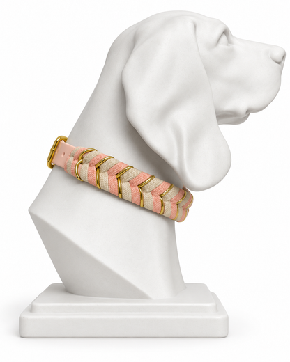 Luxe gevlochten hondenhalsband – roze en beige