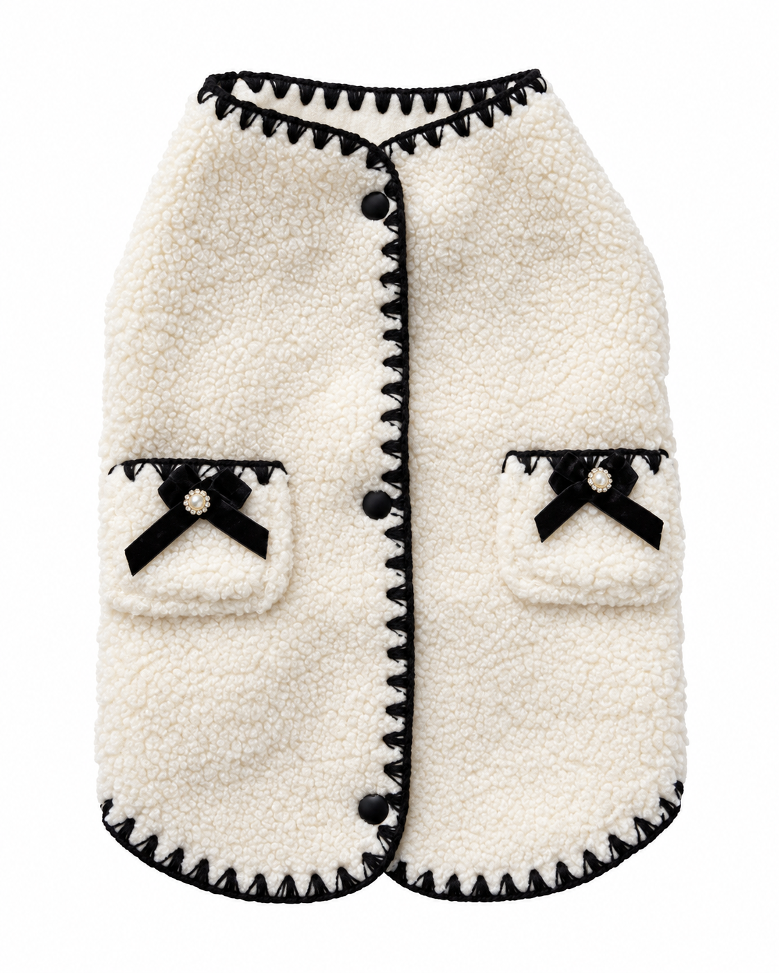 Teddy Hondenjas Crème – Chic met Strikjes & Zwarte Details